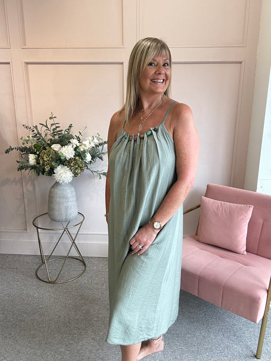 Beaded Strapy Sundress Dress - Sage Green