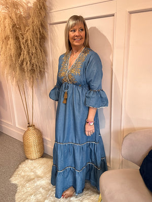 Boho Embroidered Maxi Dress - Mid Blue - Wardrobe By Simone