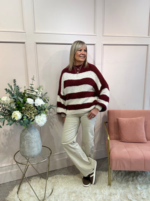 Chunky Striped Knitted Jumper - Wine/Cream
