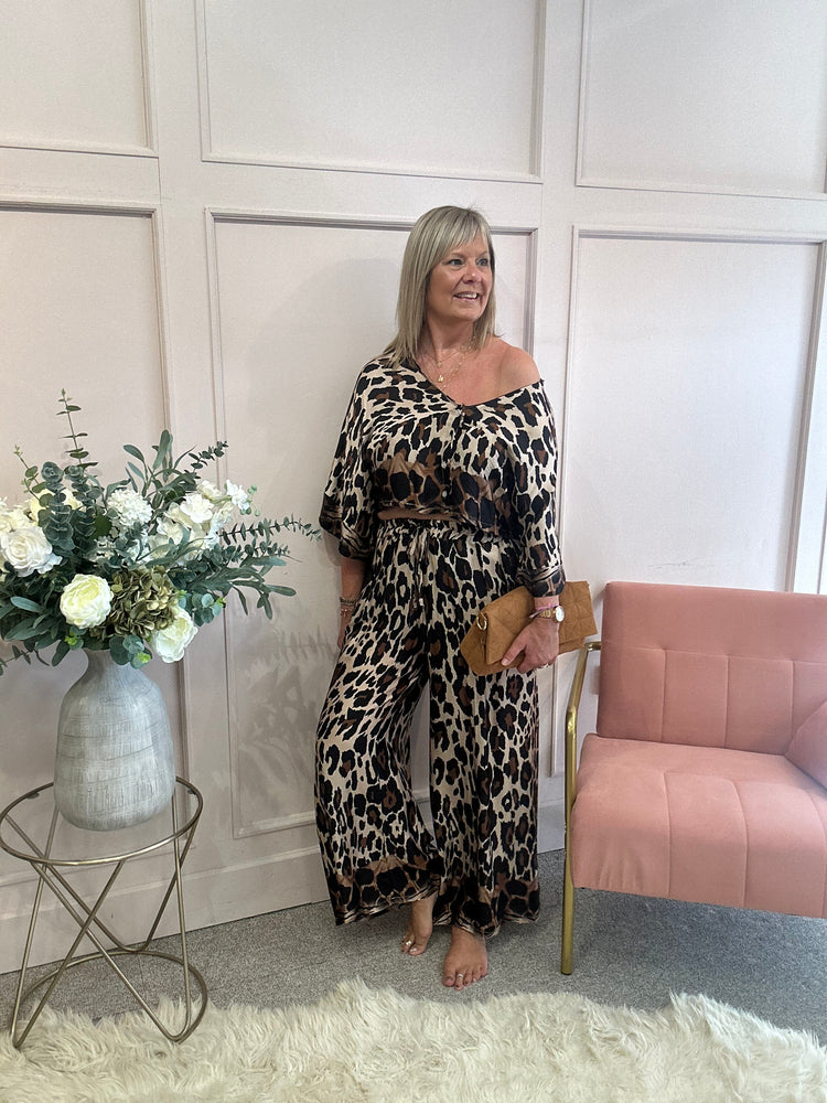 Leopard Top & Wide Pant Set - Black/Cream