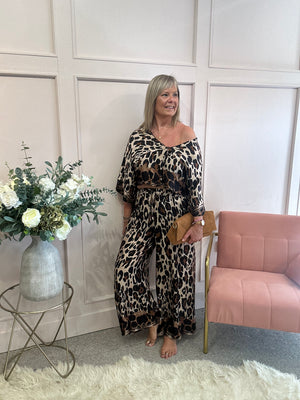 Leopard Top & Wide Pant Set - Black/Cream