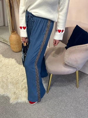 Blue Wide Leopard Stripe Side Jeans- Blue - Wardrobe By Simone