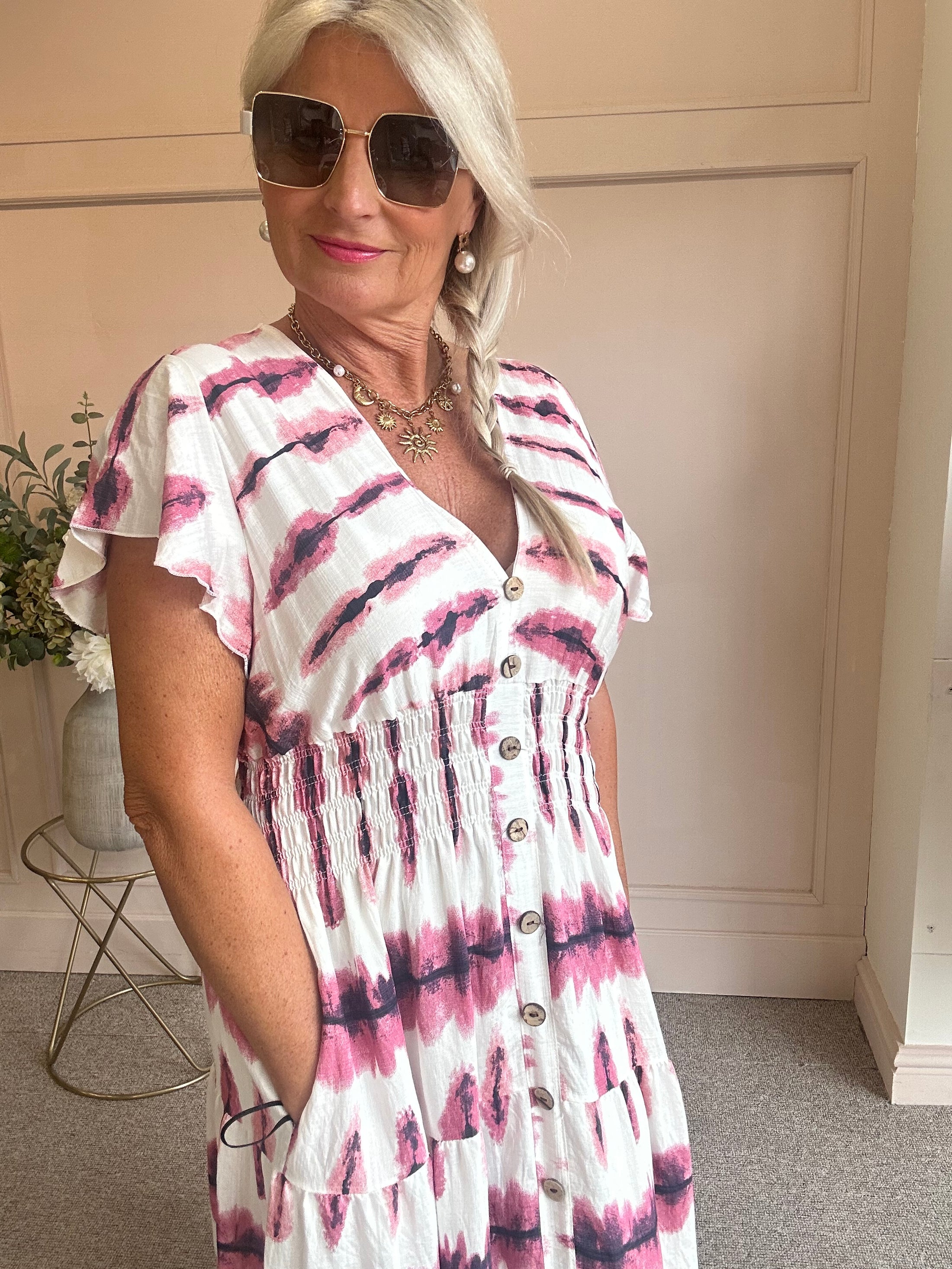 Button Detail Midi dress - Dusky Pink/Cream - Wardrobe By Simone