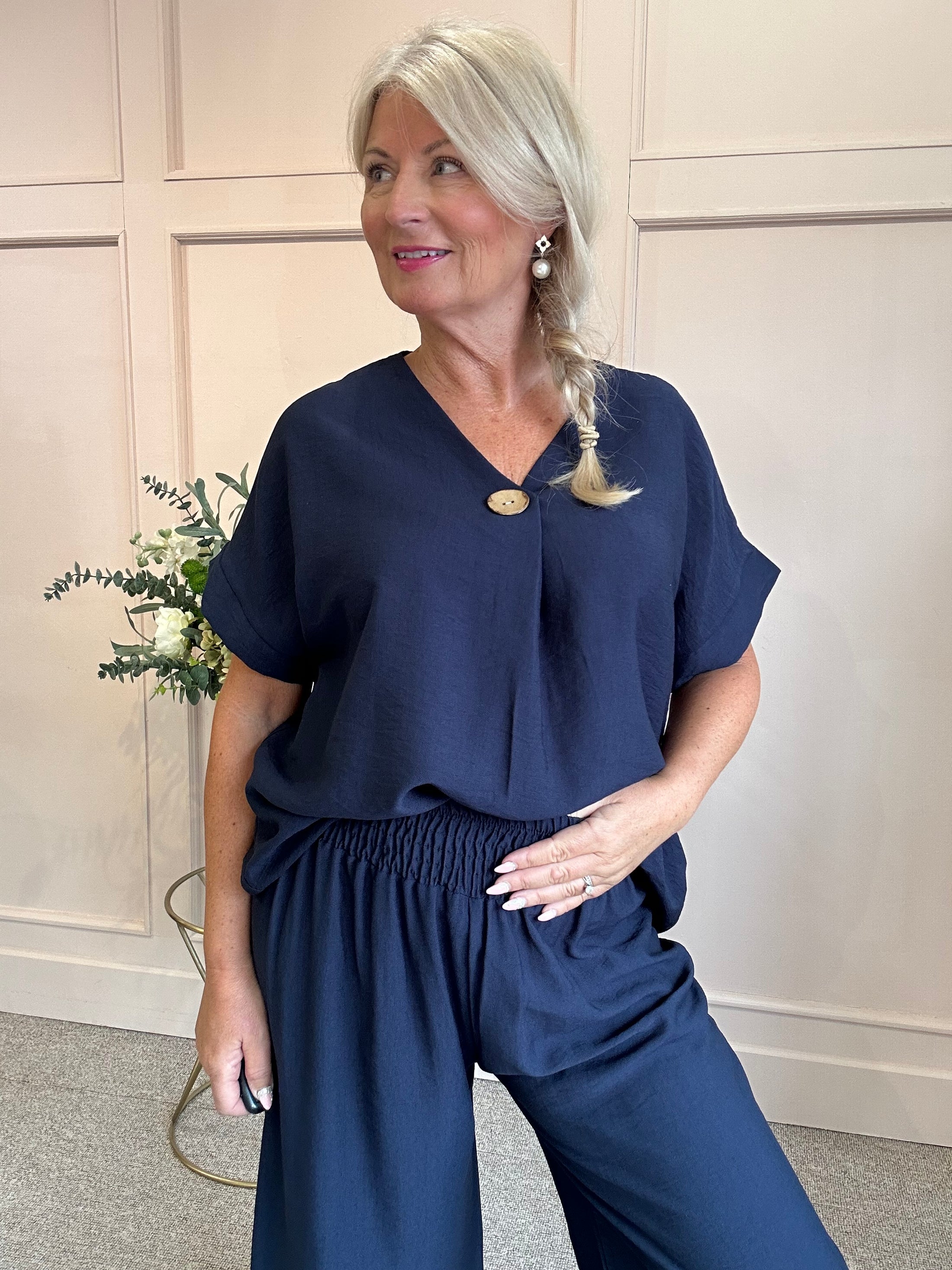 Wide Leg Pants & V Neck Top - Navy One Size