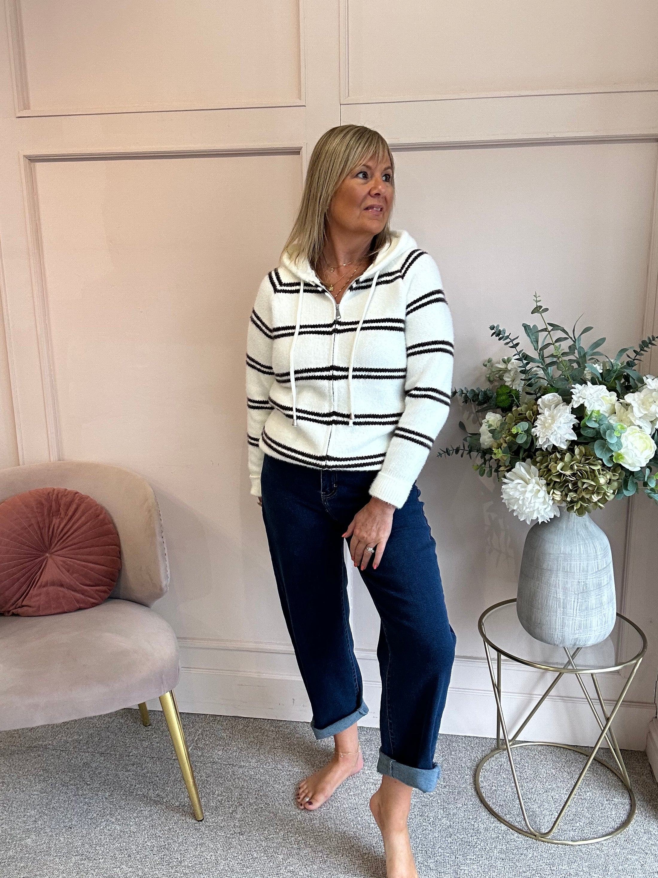 Hoody Striped Zip Cardigan- Cream/Brown