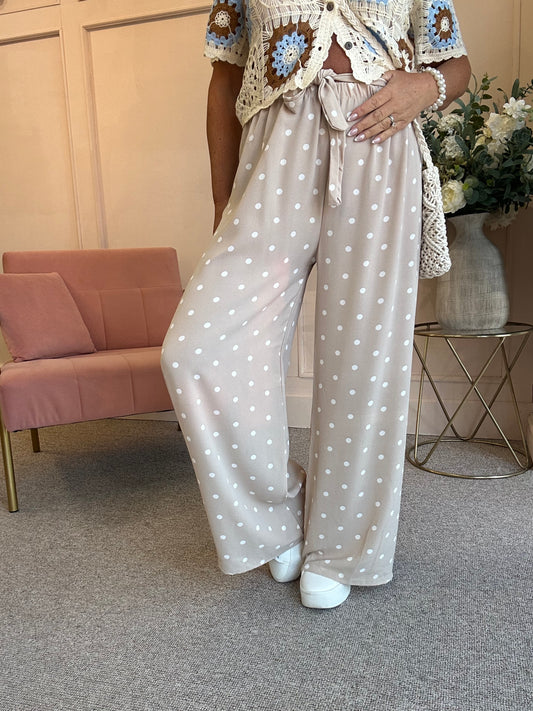 Polka Dot Tie Belt Pant - Beige/White - Wardrobe By Simone
