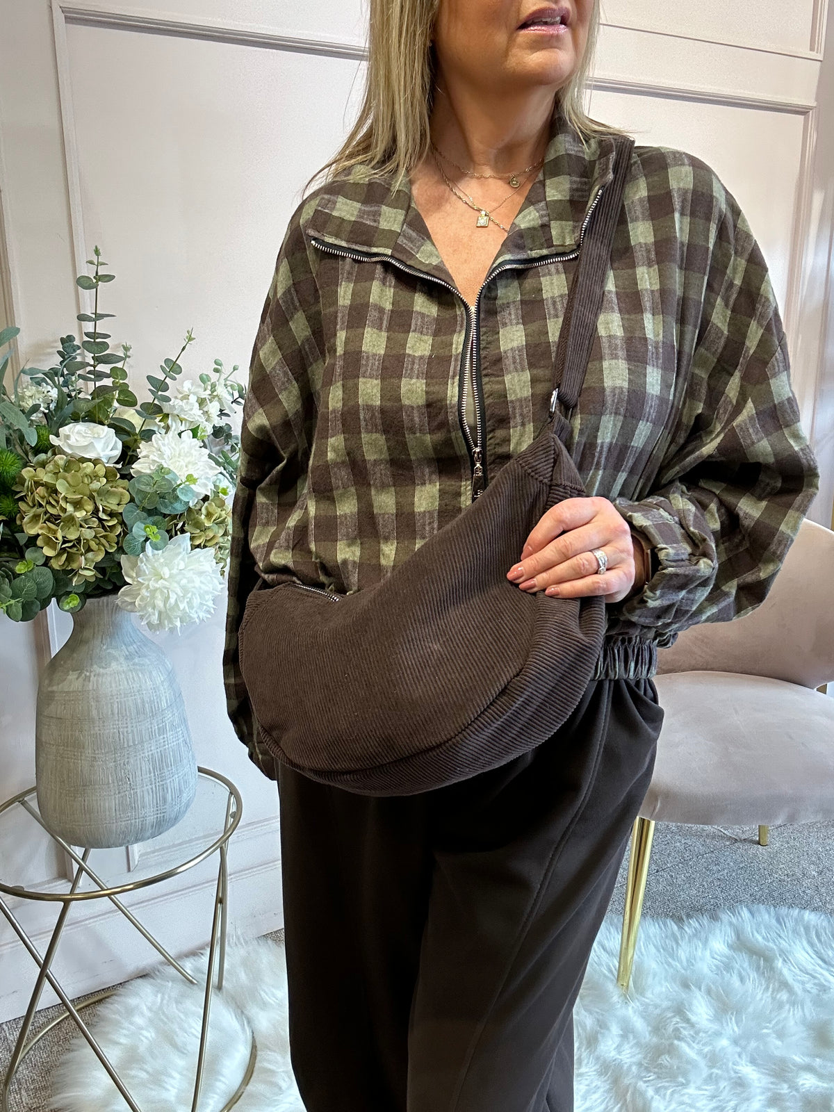 A Checked Zip Jacket - Khaki/Brown - Wardrobe By Simone