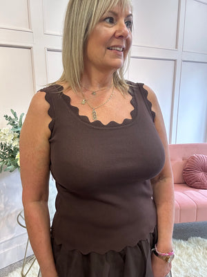 Scalloped Edged Vest Top - Brown