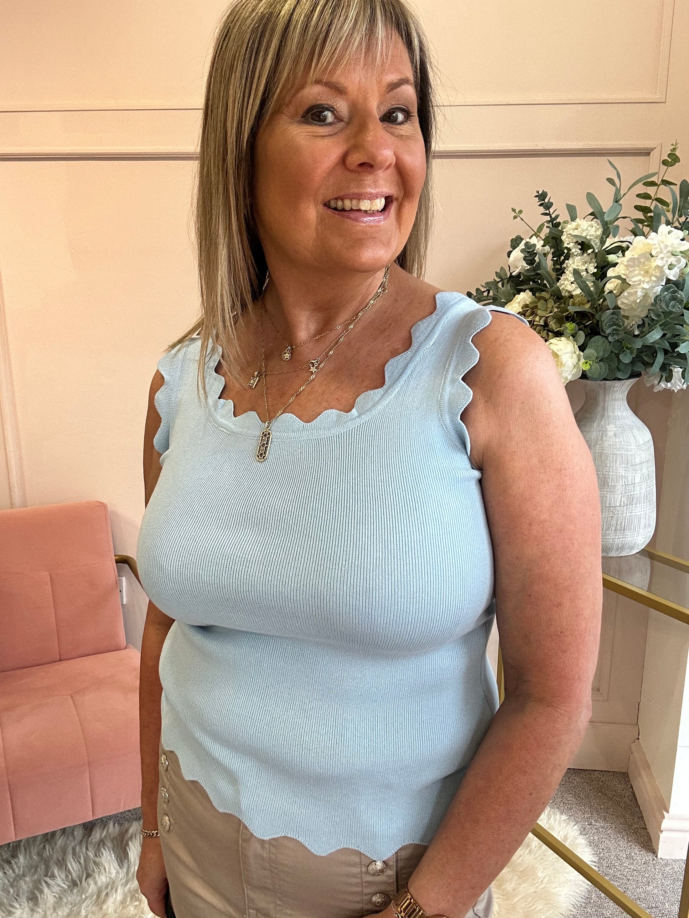 Scalloped Edged Vest Top - Soft Blue - Wardrobe By Simone