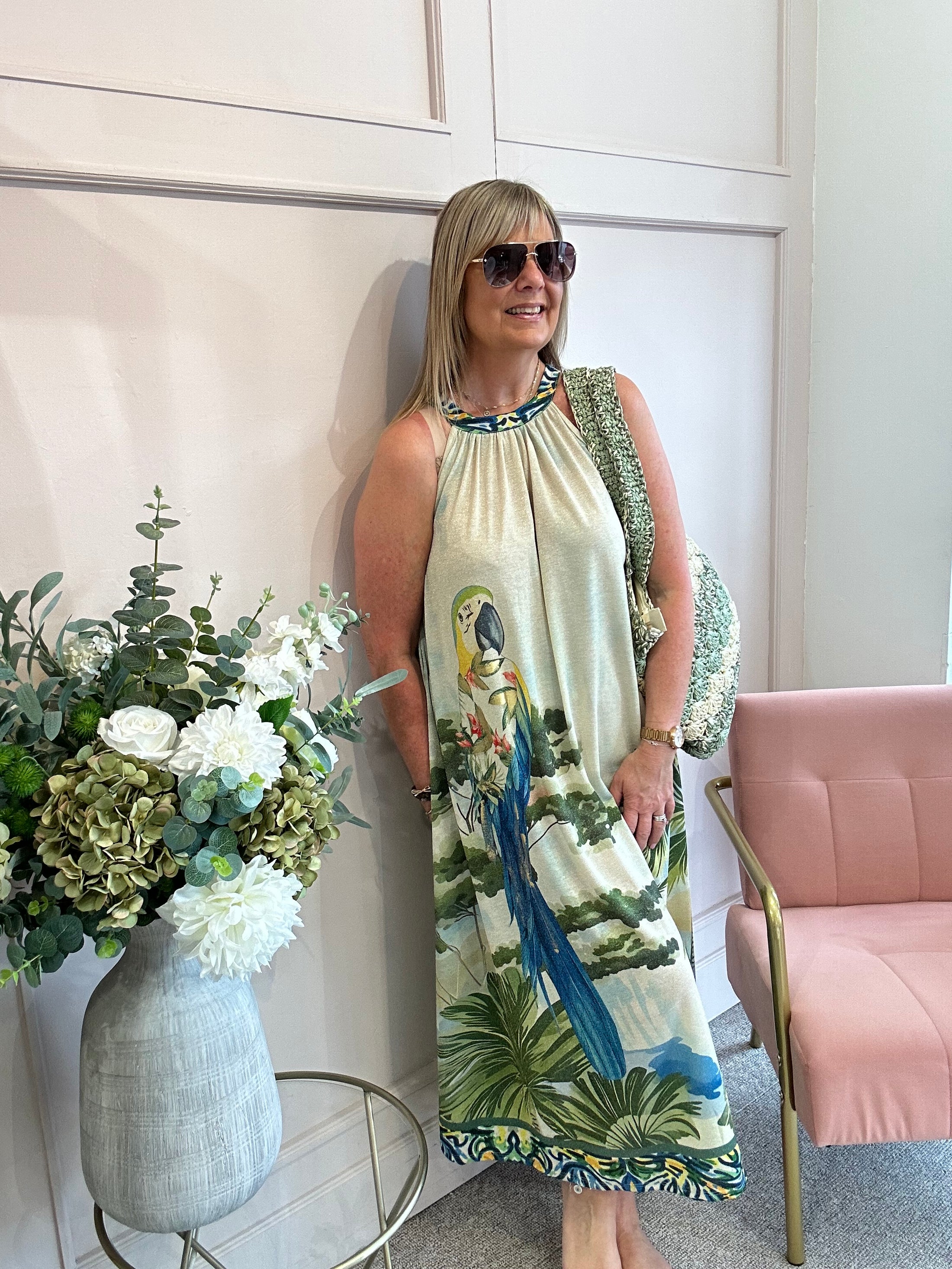 Parrot & Palm Halterneck Dress - Blues/Green