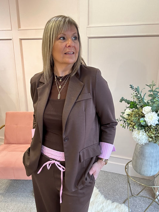 Striped Cuff & Lining Blazer - Brown - Wardrobe By Simone