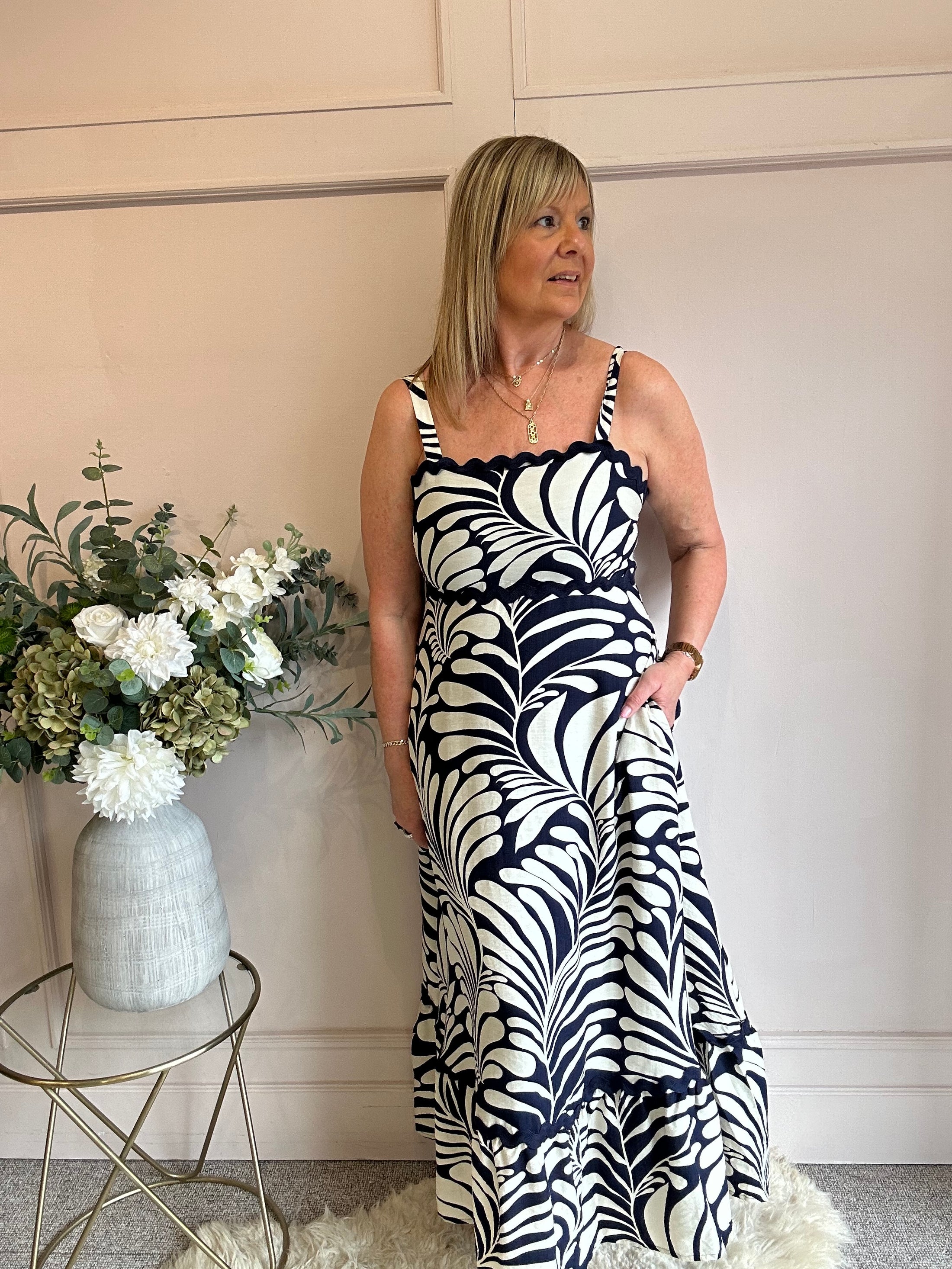 Scalloped Detail Maxi SunDress - Navy/Beige - Wardrobe By Simone