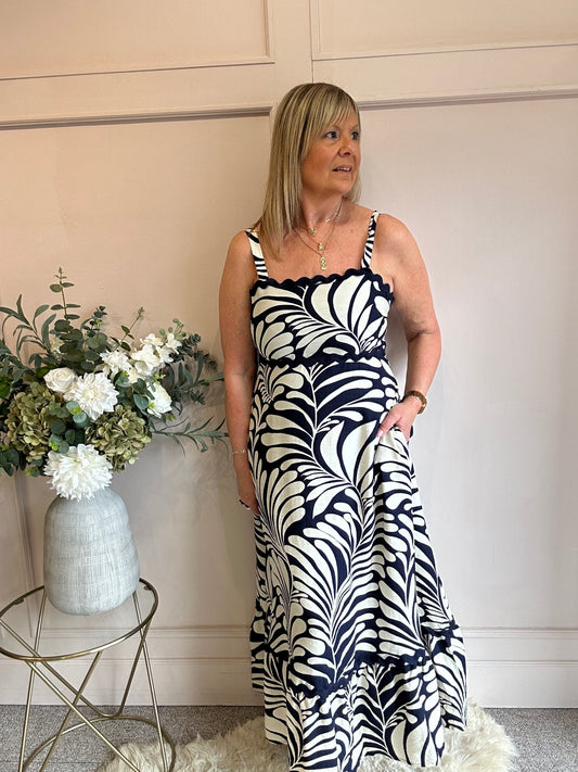 Scalloped Detail Maxi SunDress - Navy/Beige - Wardrobe By Simone