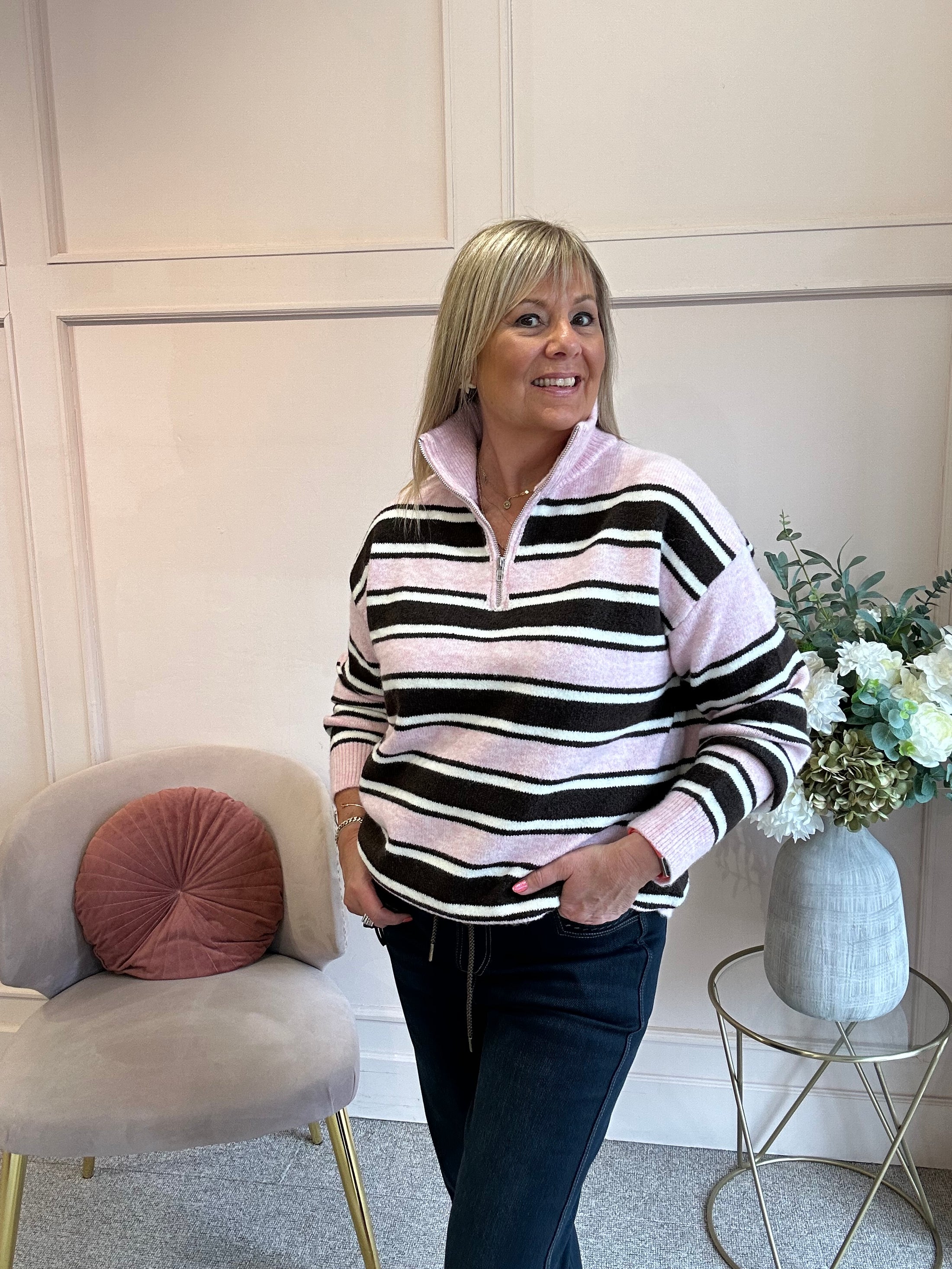 Striped Zip Jumper - Pink/Cream/Brown