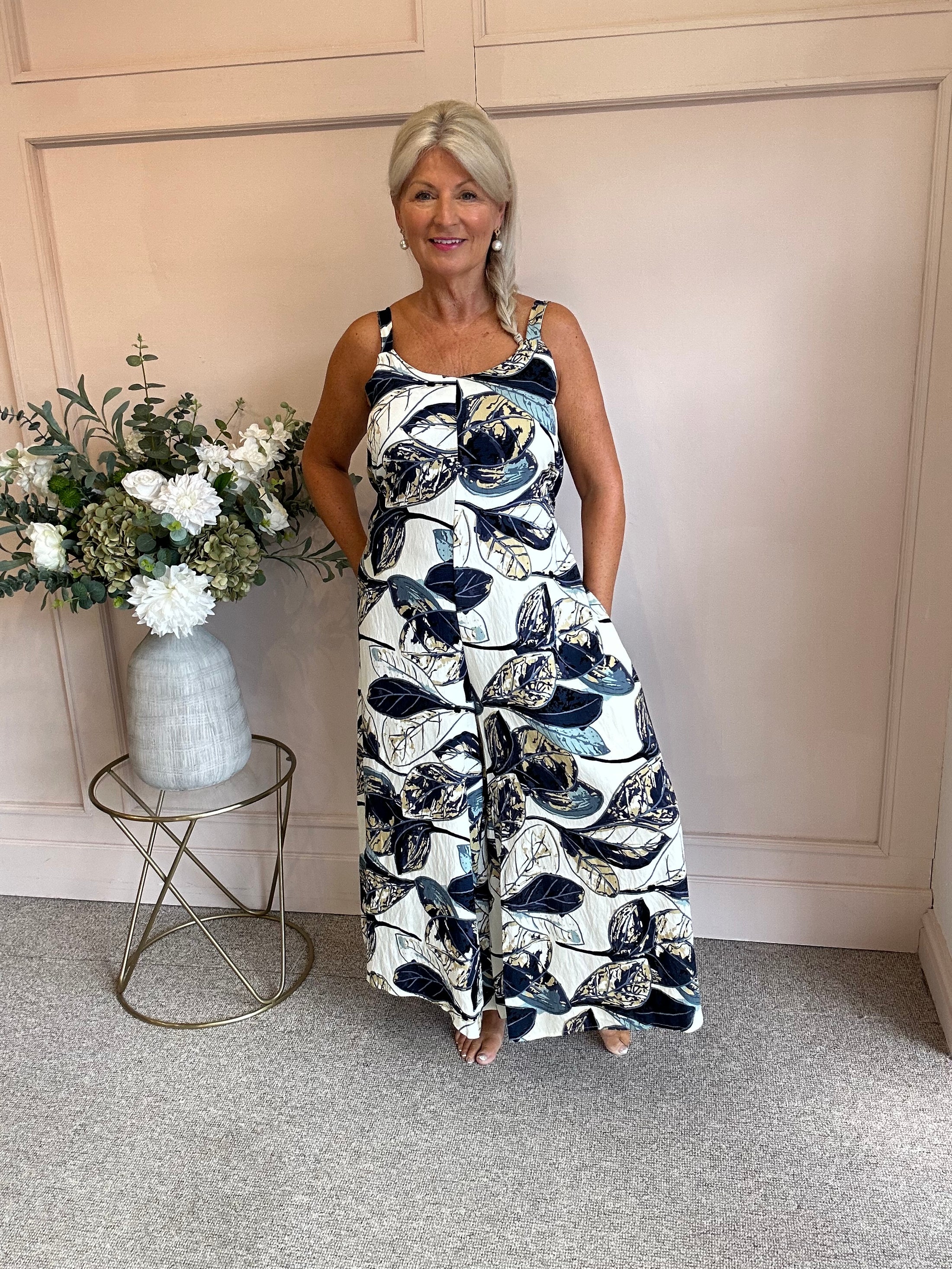 Mixed Botanical Jumpsuit - Cream/Navy - Wardrobe By Simone