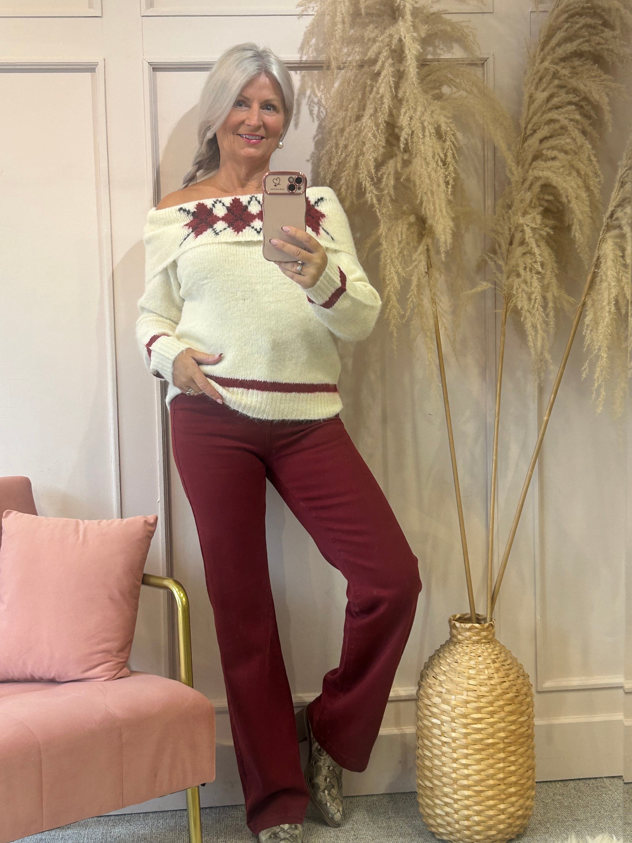 Off Shoulder Jumper - Cream/Burgundy