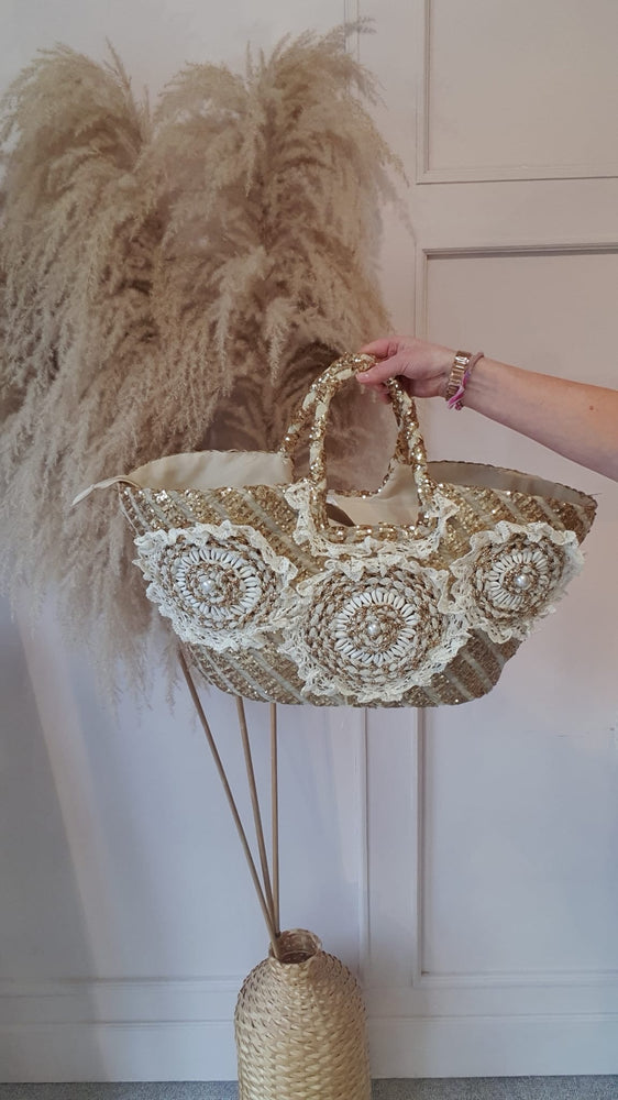 Broderie Anglaise & Shell  Large Straw Tote Bag - Straw/Gold - Wardrobe By Simone