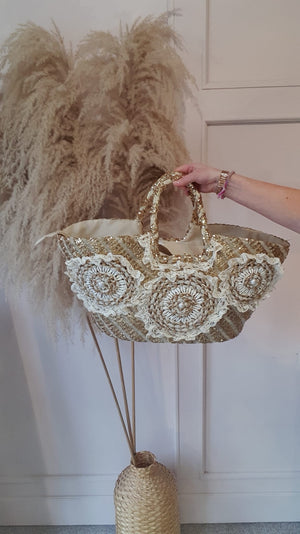 Broderie Anglaise & Shell  Large Straw Tote Bag - Straw/Gold - Wardrobe By Simone