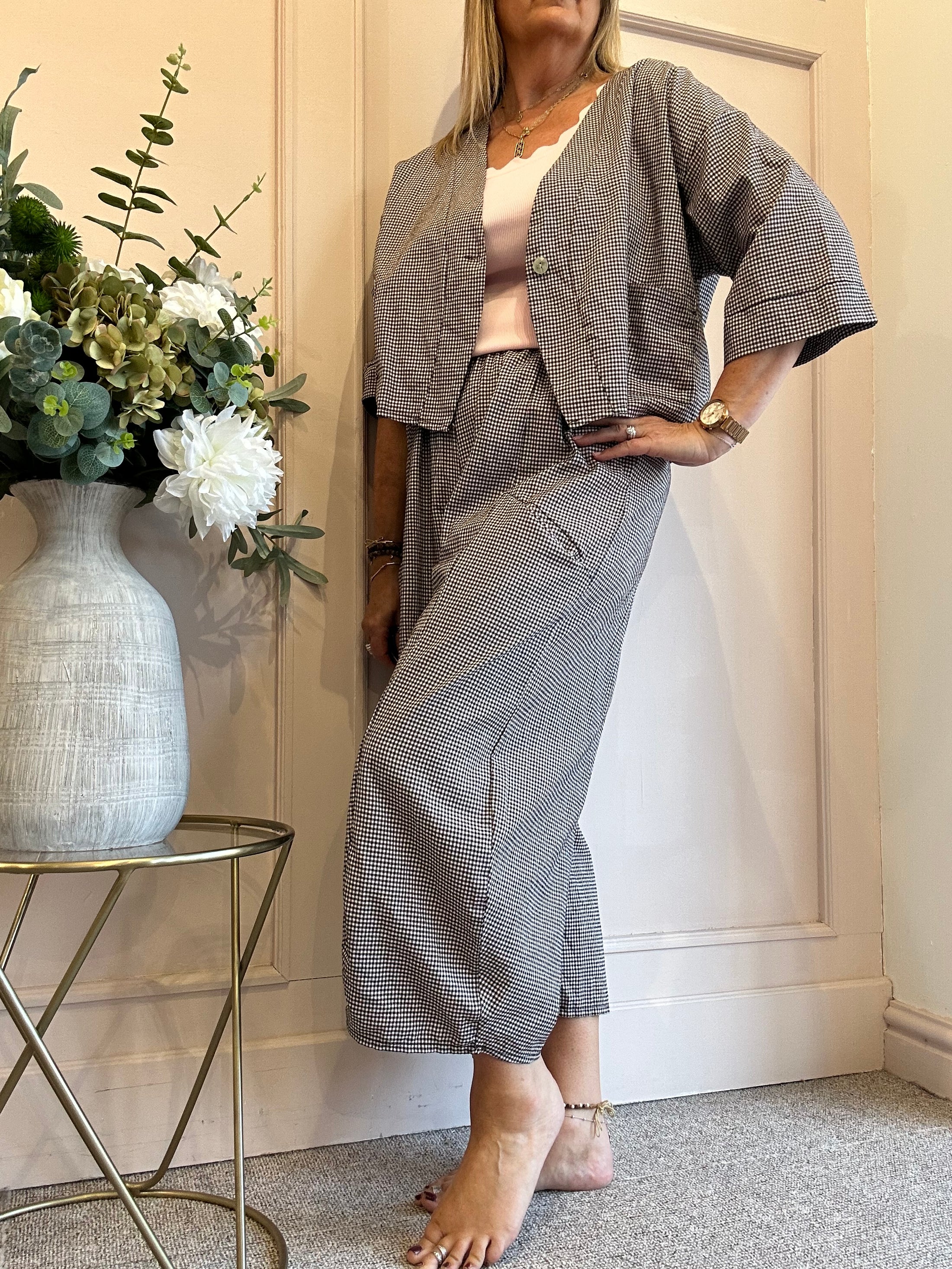 Gingham Little Jacket & Pants Set - Brown/White