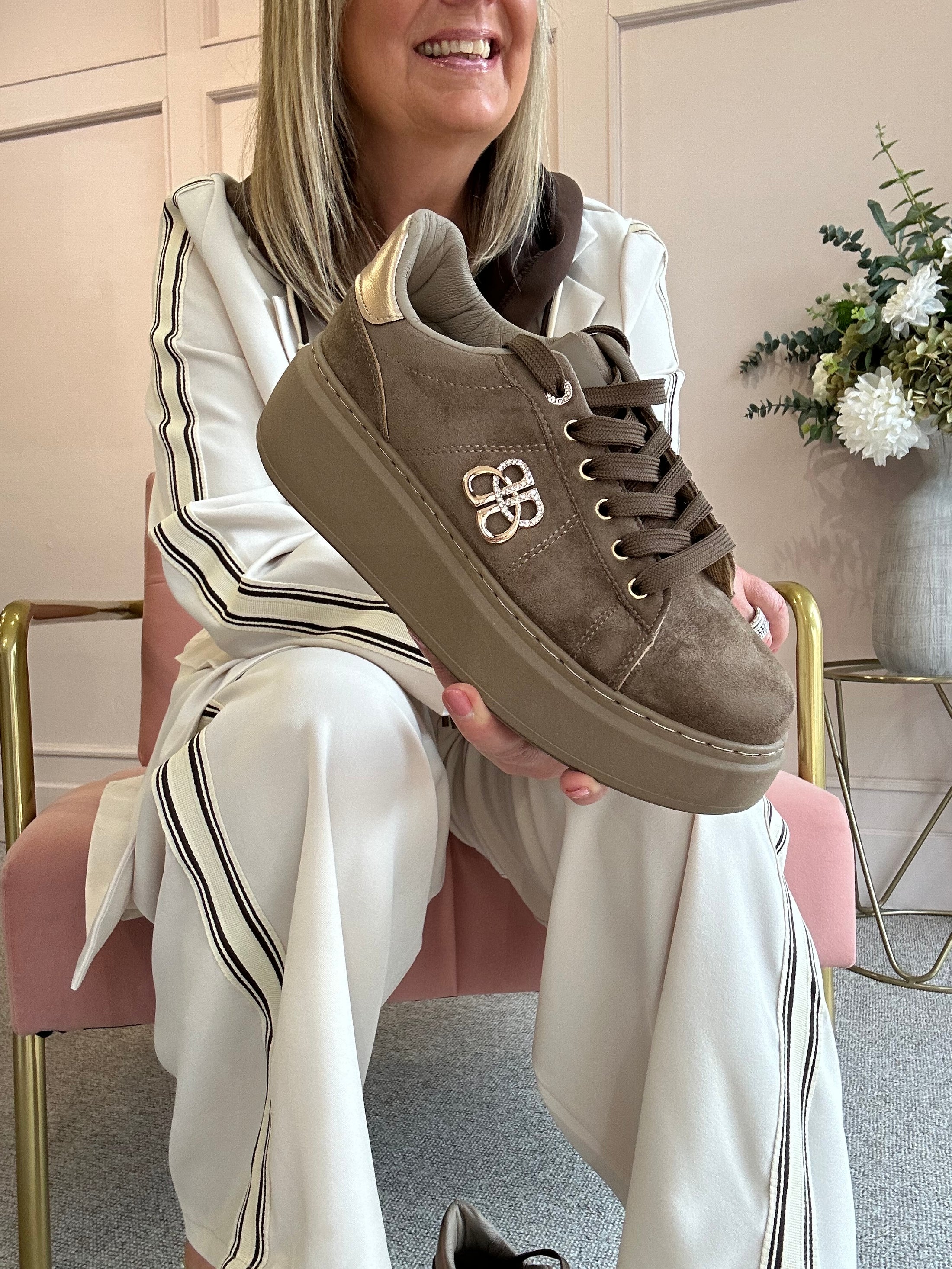 Gold Logo Embellished Trainer - Taupe - Wardrobe By Simone