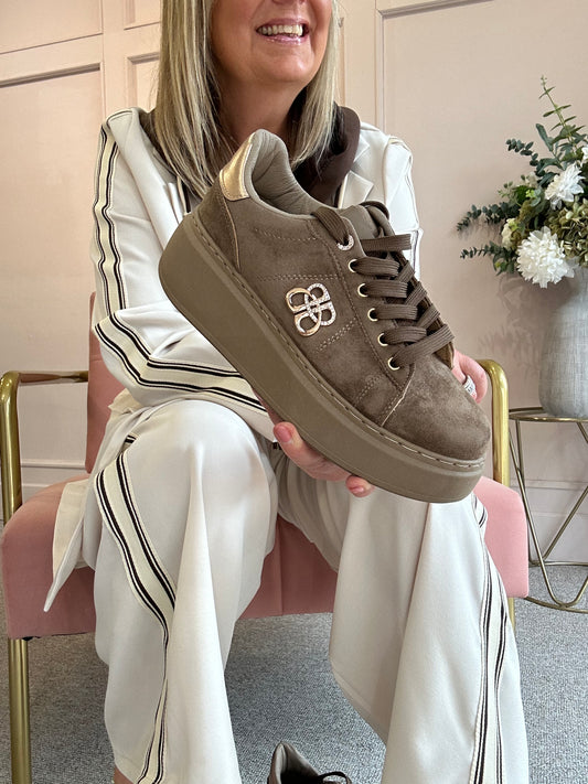 Gold Logo Embellished Trainer - Taupe - Wardrobe By Simone