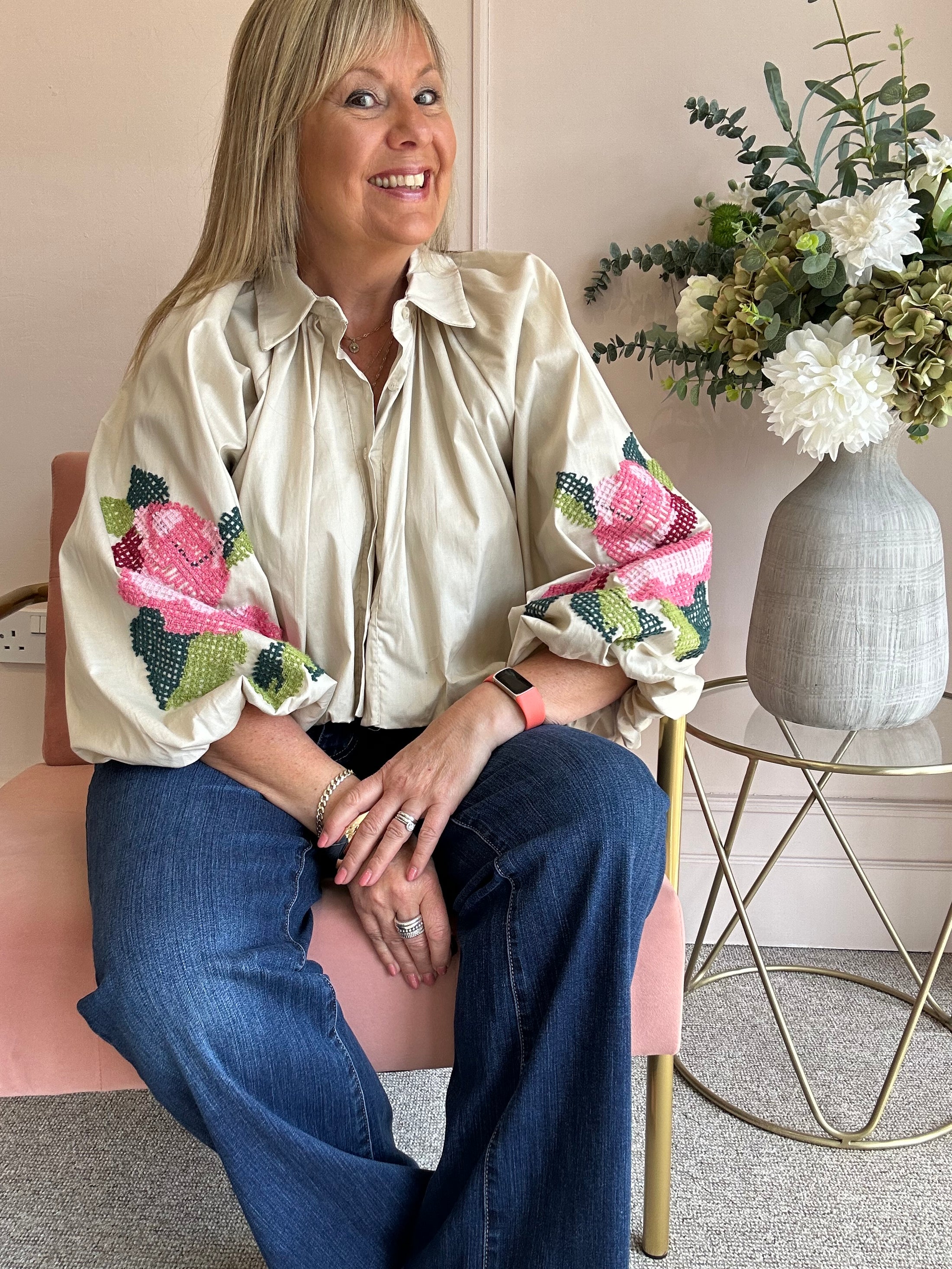 Floral Embroidered Sleeve Shirt - Light Beige