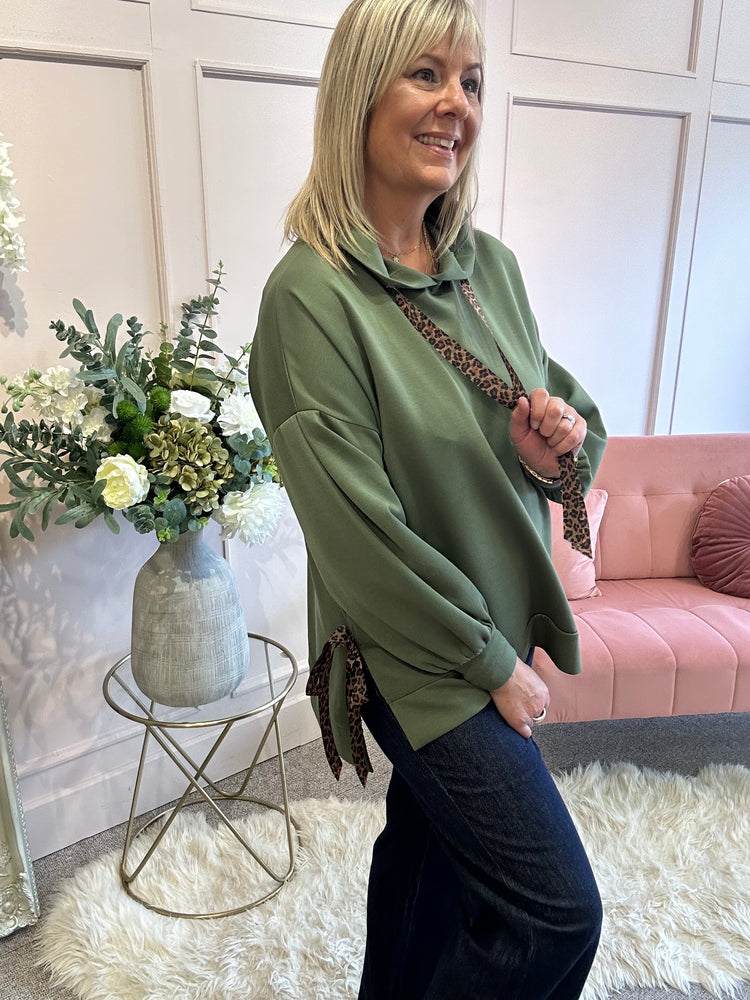 Cosy Leopard Tie Hoody  - Khaki