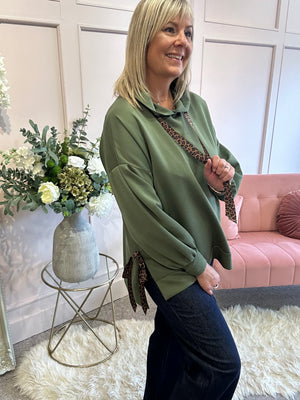 Cosy Leopard Tie Hoody  - Khaki