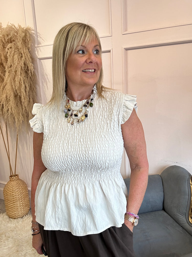 Ruched Bodice Peplum Top - Soft Beige