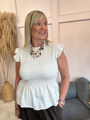Ruched Bodice Peplum Top - Soft Beige
