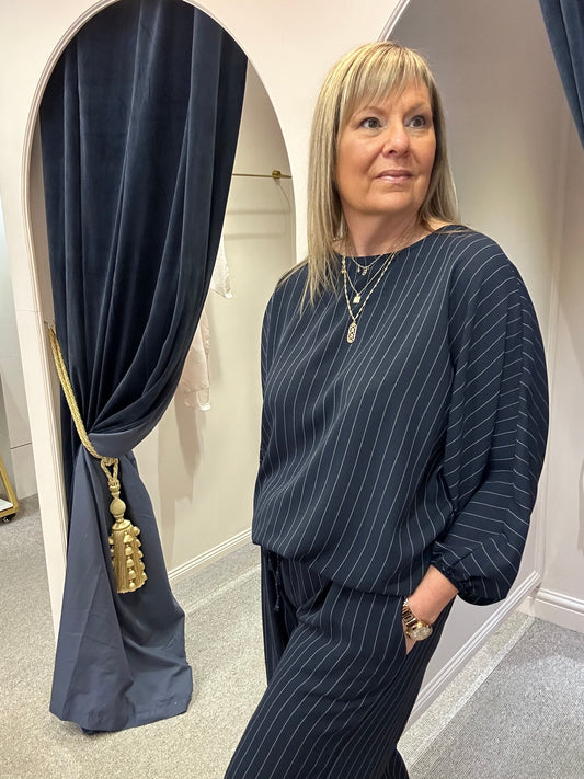 Pinstriped Batwing Top & Pant Set - Navy/White - Wardrobe By Simone