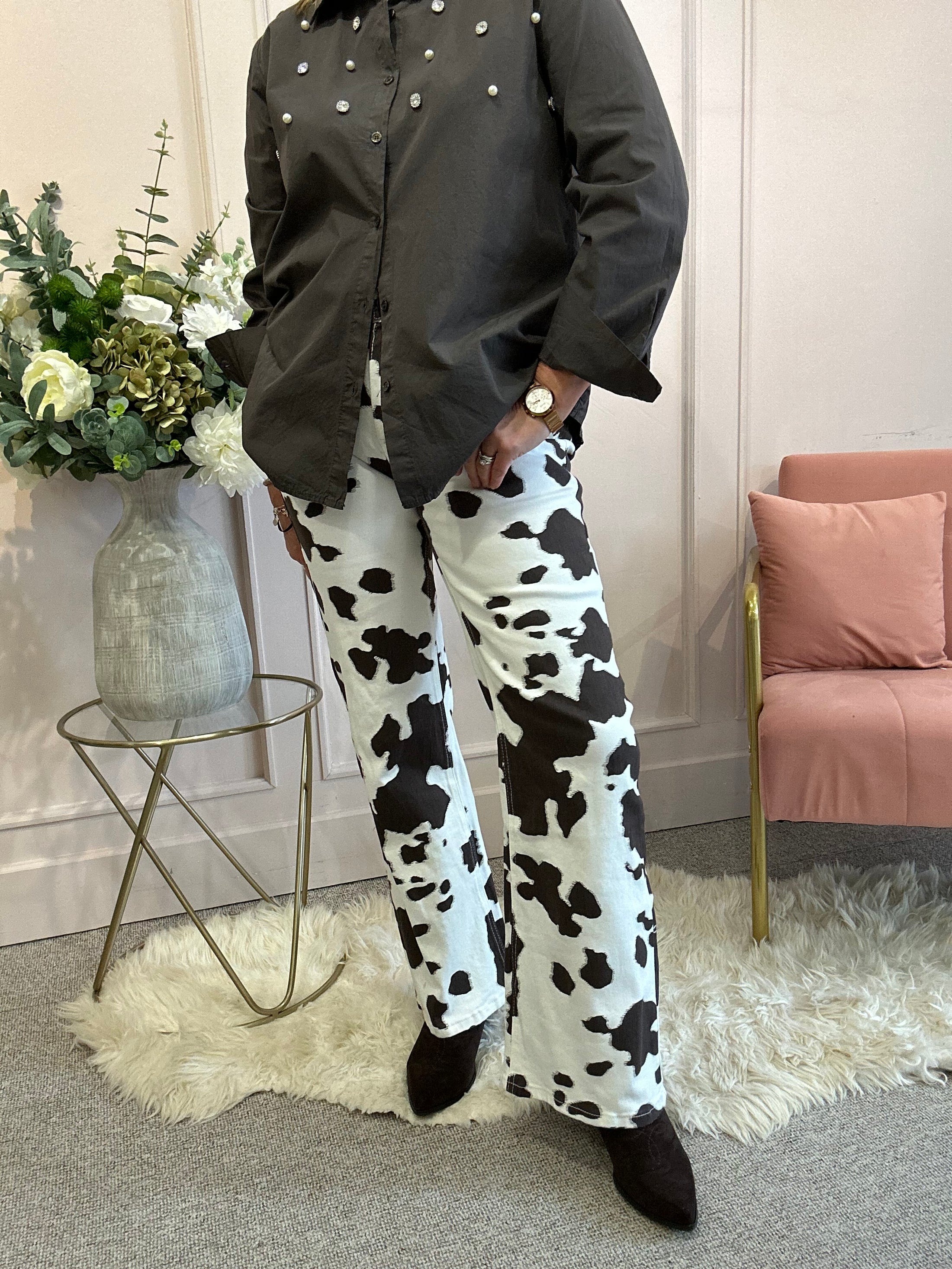 Bold Cow Print Jean - Brown/White