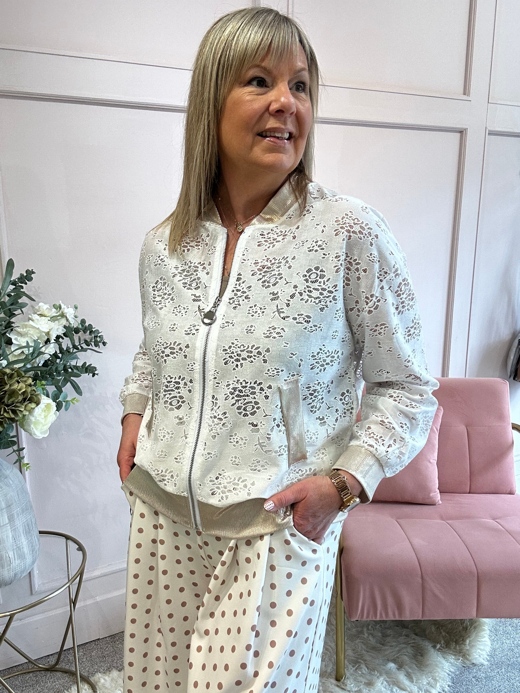 Floral & Lace Zipped Top - White/Gold - Wardrobe By Simone