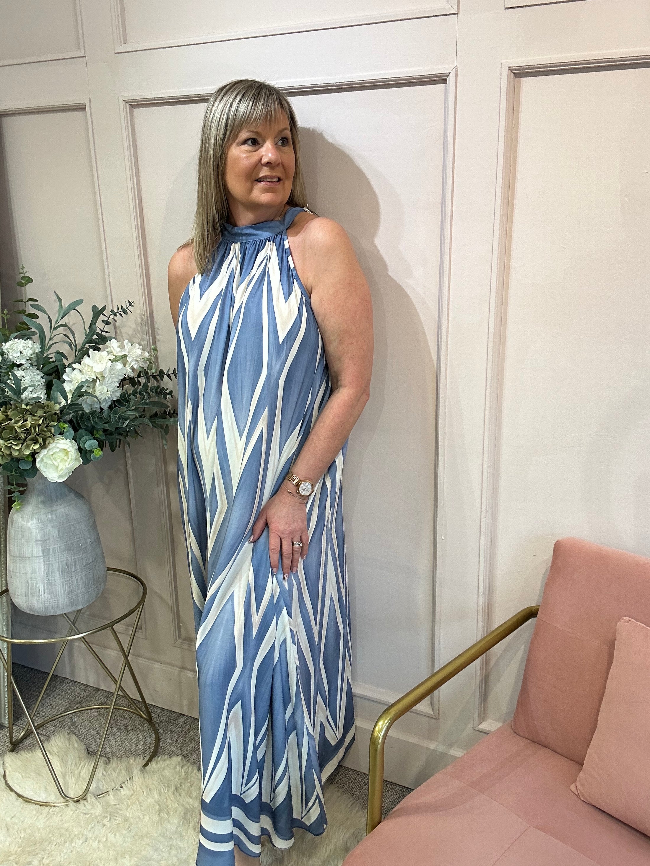 Halter Neck Maxi Dress - Powder Blue/Cream - Wardrobe By Simone