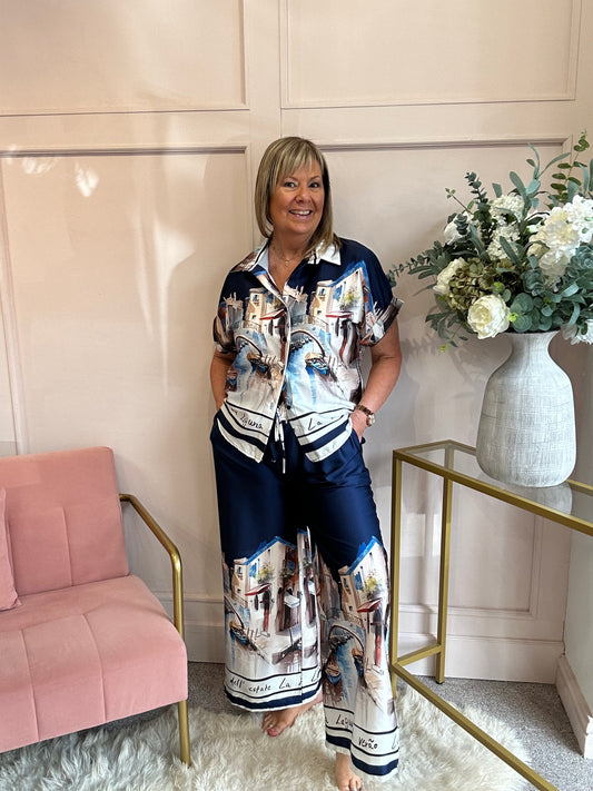 Vienna Scene Shirt & Pant Set - Navy/Mix - Wardrobe By Simone