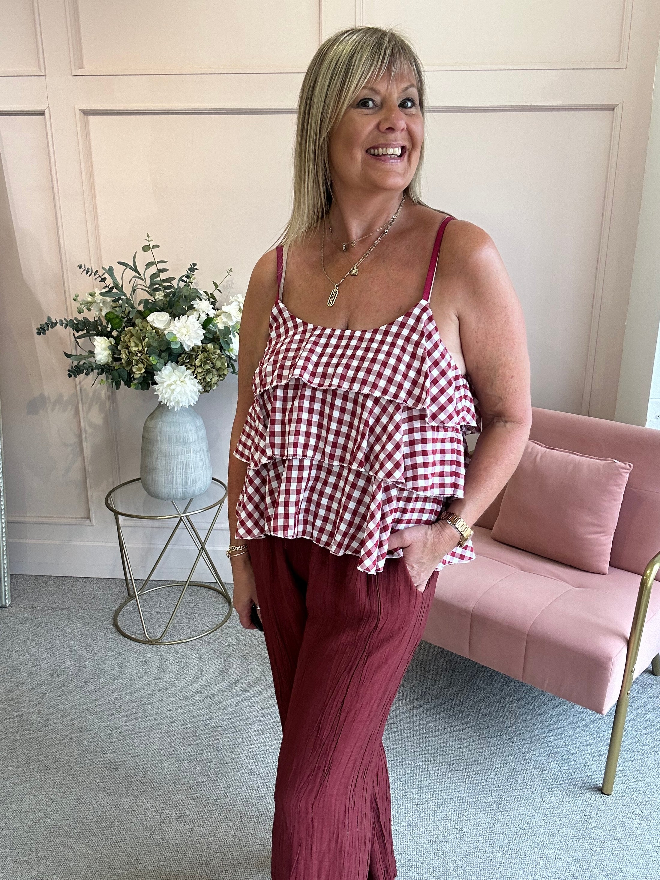 Ra-Ra Gingham Cami Top - Wine/White