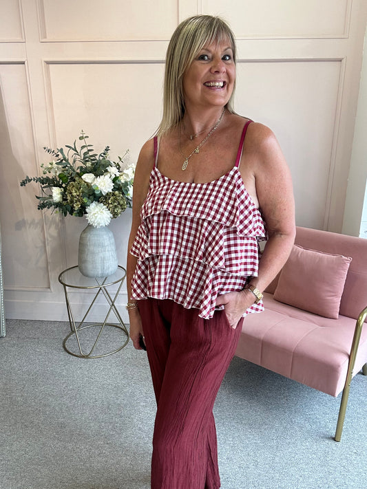 Ra-Ra Gingham Cami Top - Wine/White