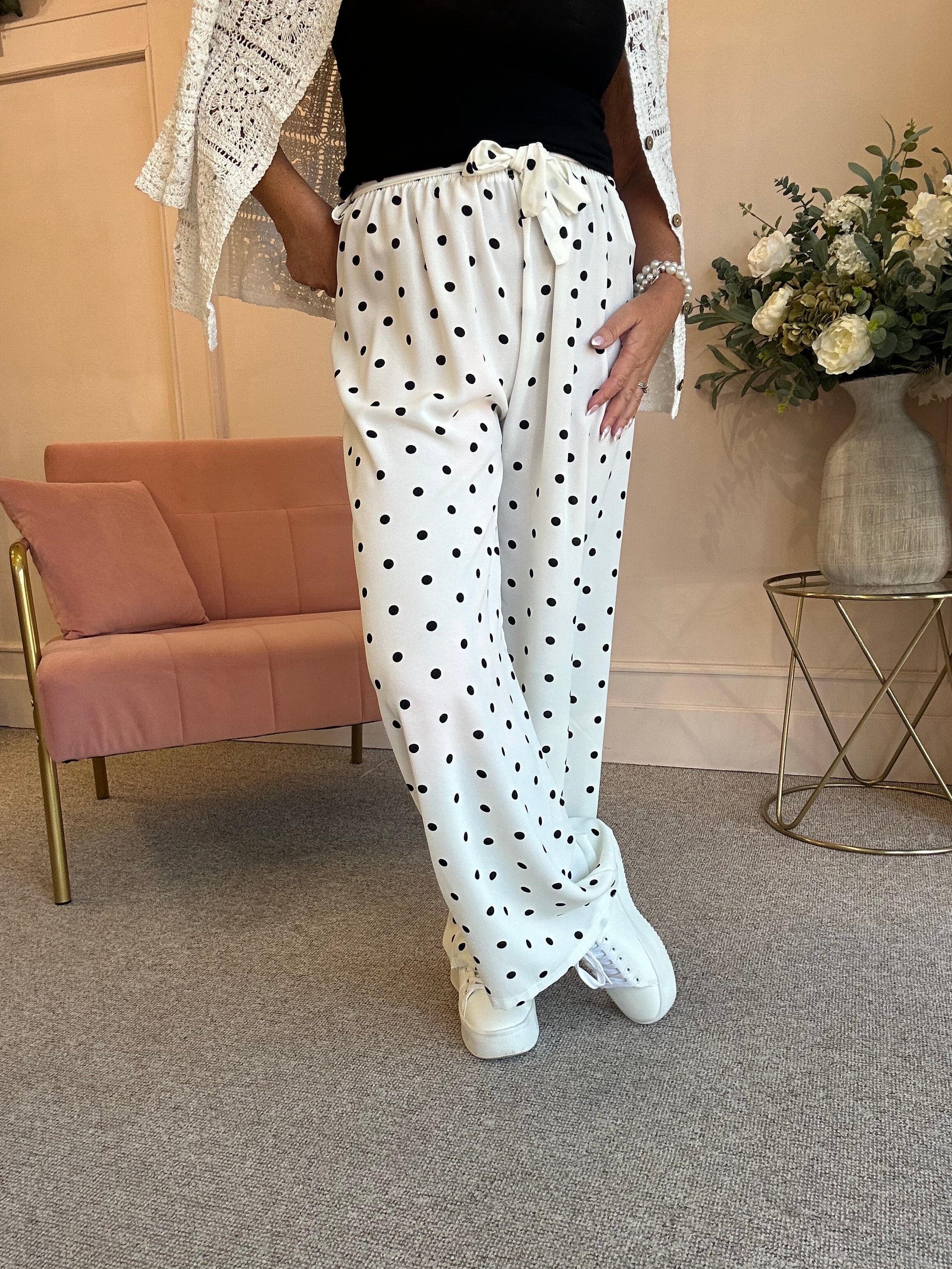 Polka Dot Tie Belt Pant - Off White/Black - Wardrobe By Simone
