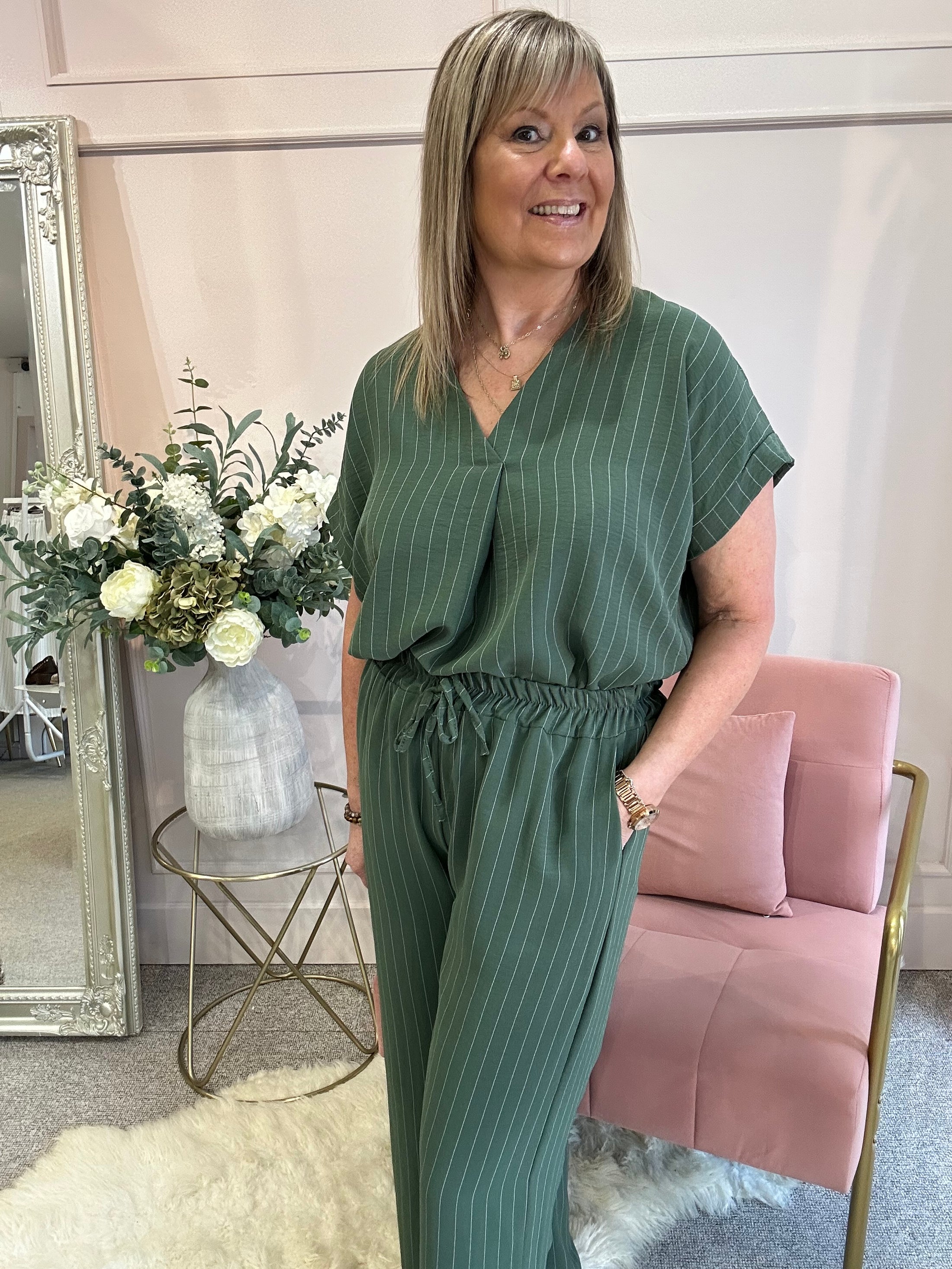 Pinstriped V Neck Top & Pant Set - Khaki/Cream