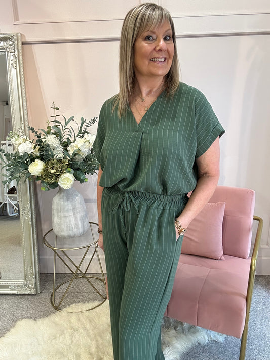 Pinstriped V Neck Top & Pant Set - Khaki/Cream