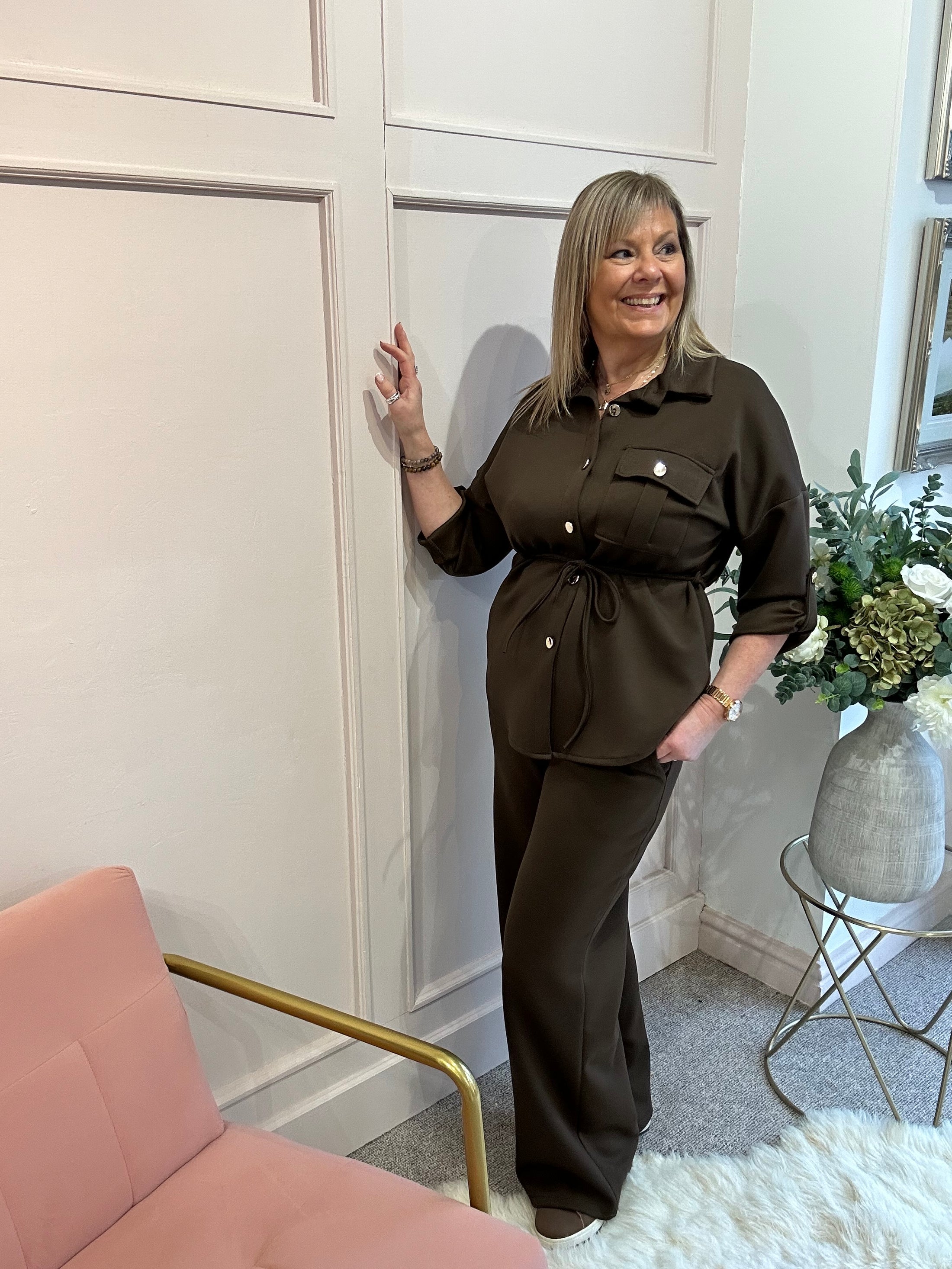 Tunic Shirt Jacket &Trouser Set - Brown