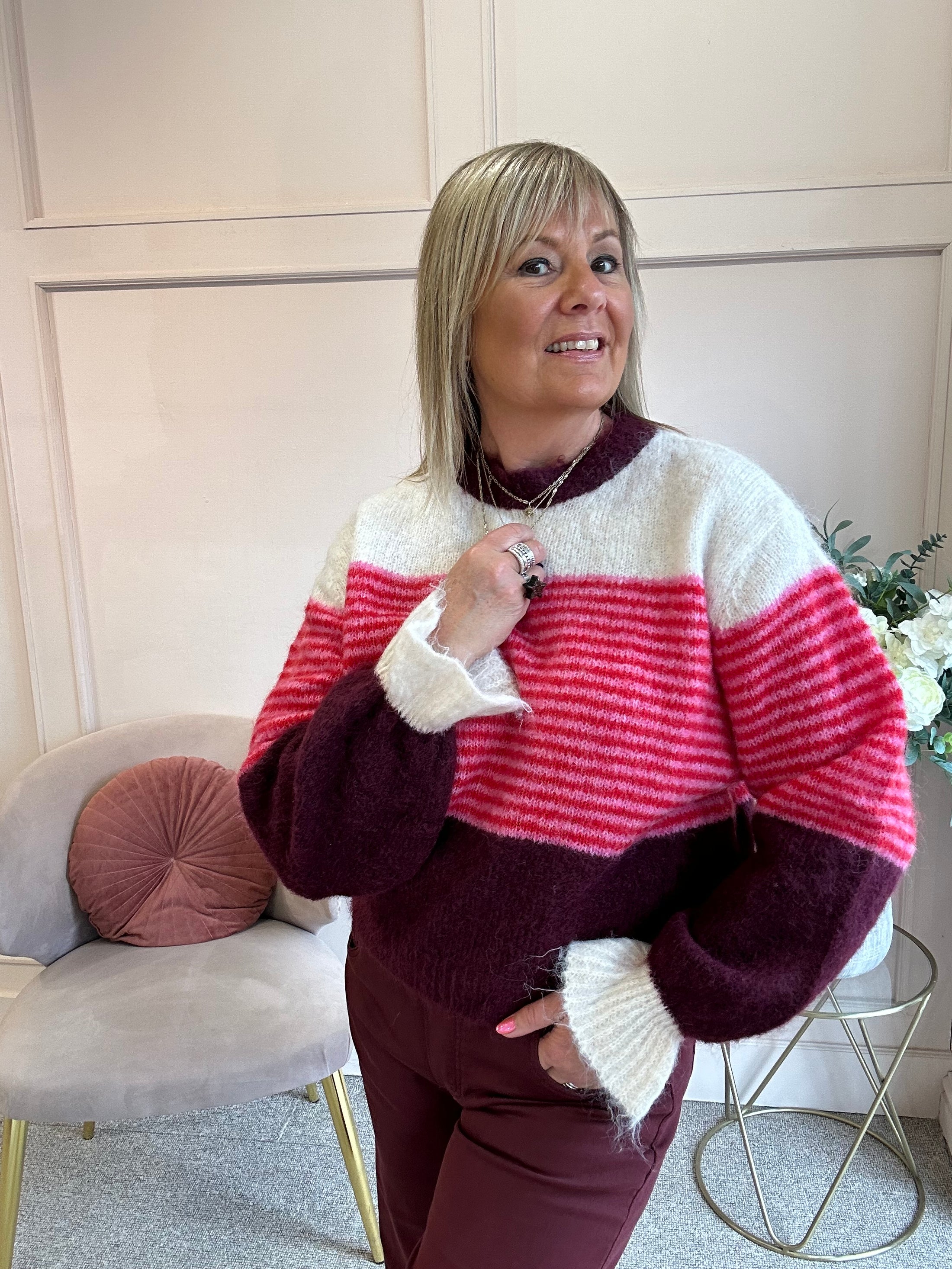 Frill Cuff Cosy Jumper - Cream/Raspberry