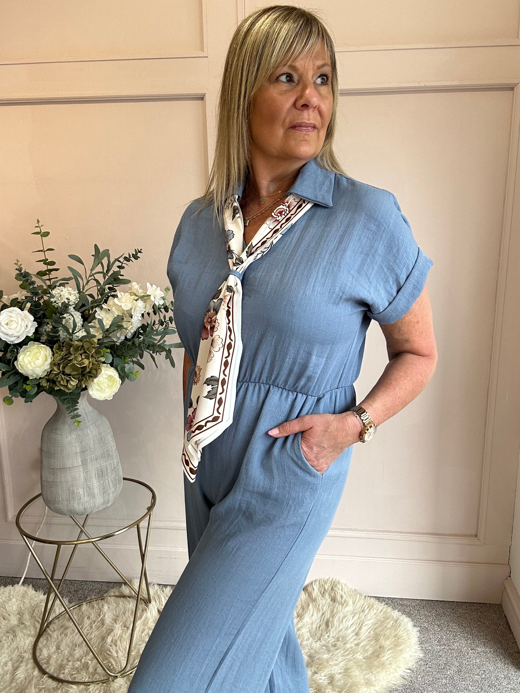 Collared With A Tie  Jumpsuit - Denim Blue - Wardrobe By Simone