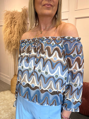 Ruffle Neck Swirl Print Blouse - Blue/Beige