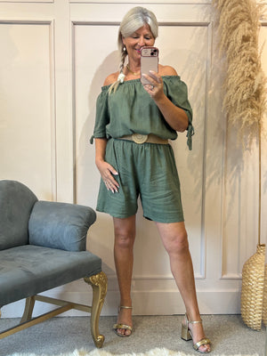 Linen Bardot Top & Shorts Playsuit - Khaki