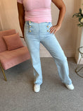 Load image into Gallery viewer, Gold Button Pull Up Jeans - Mid blue - Wardrobe By Simone
