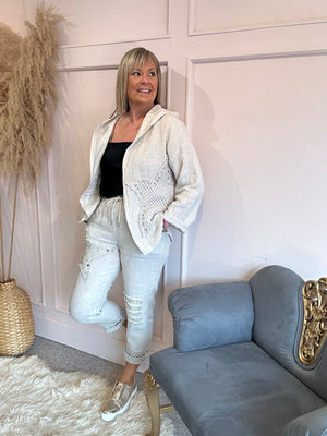 Star Gem Linen Hooded Jacket - Beige