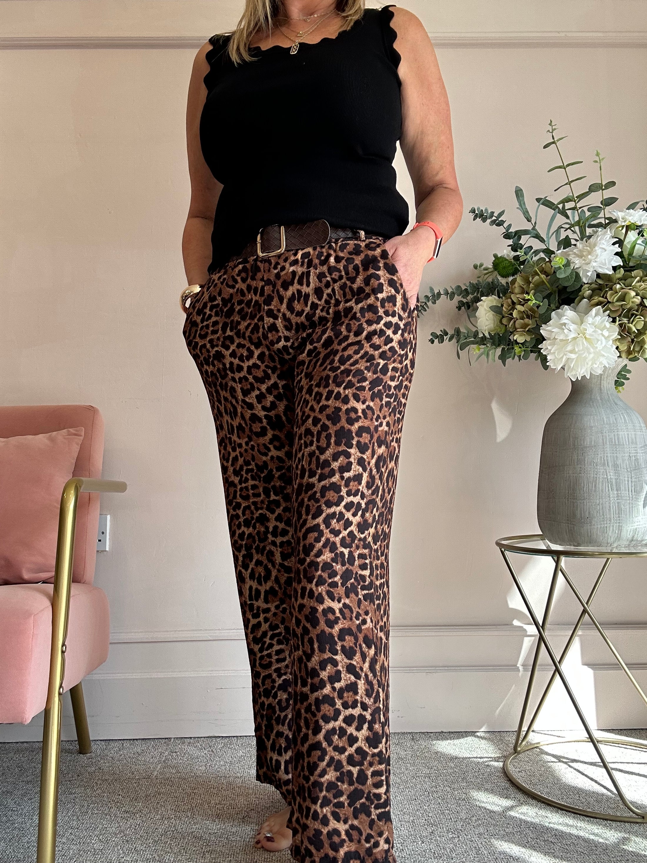 Belted Leopard Wide Pant - Brown/Black