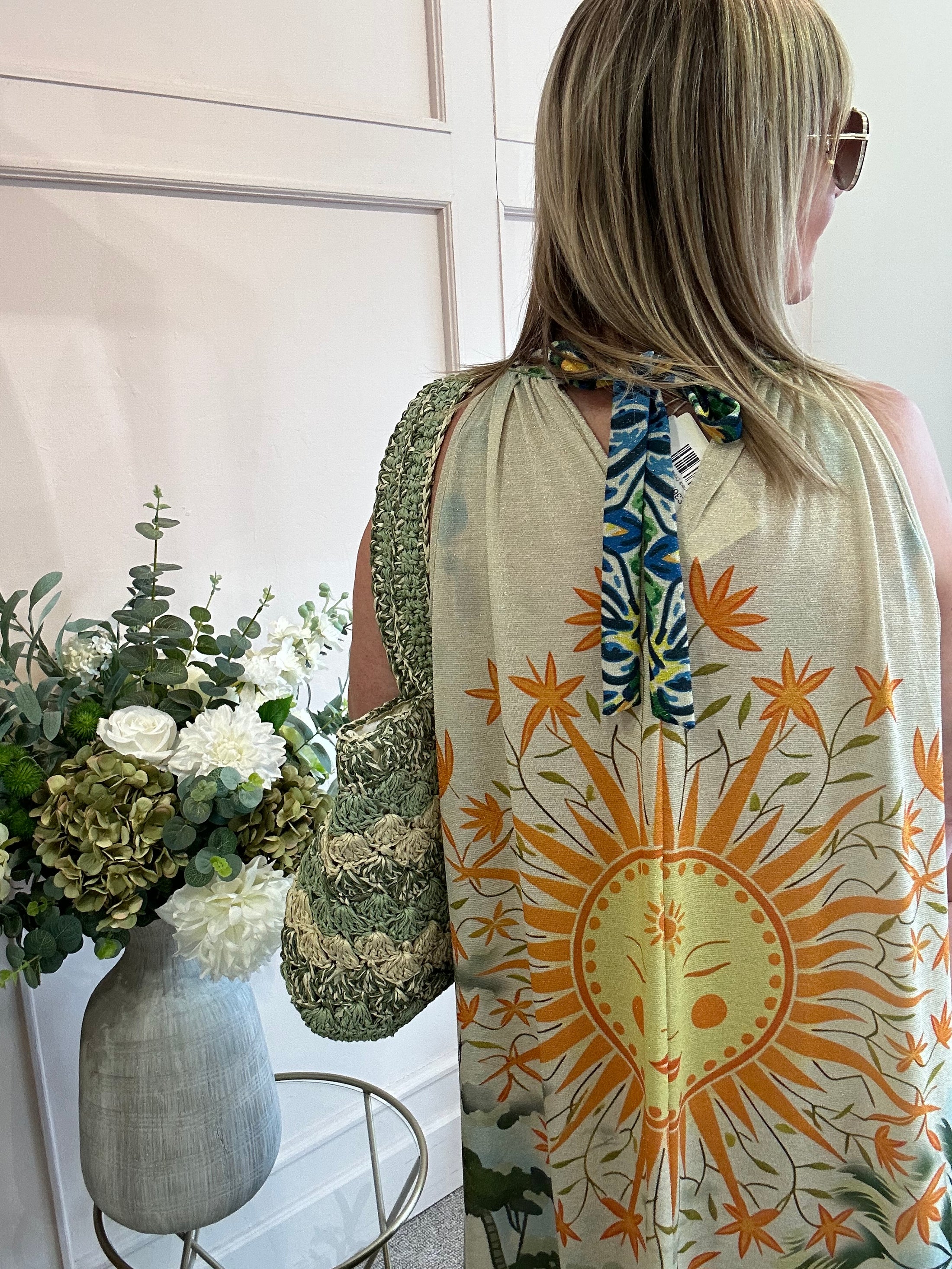 Parrot & Palm Halterneck Dress - Blues/Green