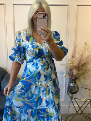 Floral Mix Lily Design Maxi Dress - Blue - Wardrobe By Simone